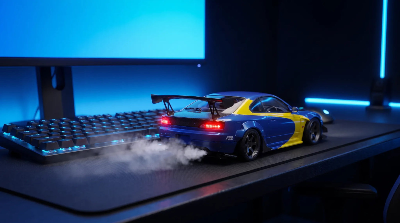 VaporCar on a gaming desk with exhaust vapor